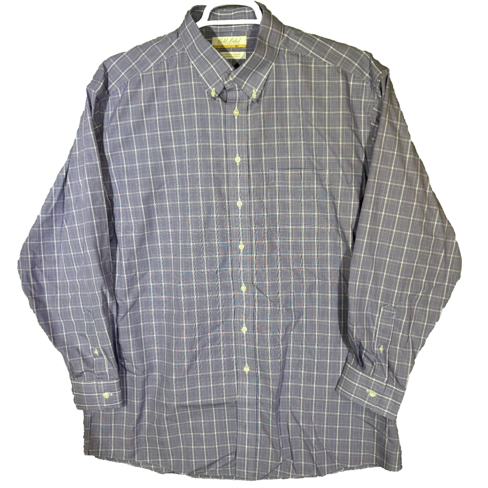 Gold Label Men’s Dress Shirt 17×35 Purple Plaid Cotton Long Sleeve Oxford
